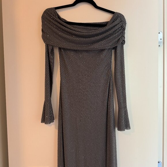 Meshki - Off Shoulder Diamante Maxi Dress - Gunmental - Picture 4 of 7